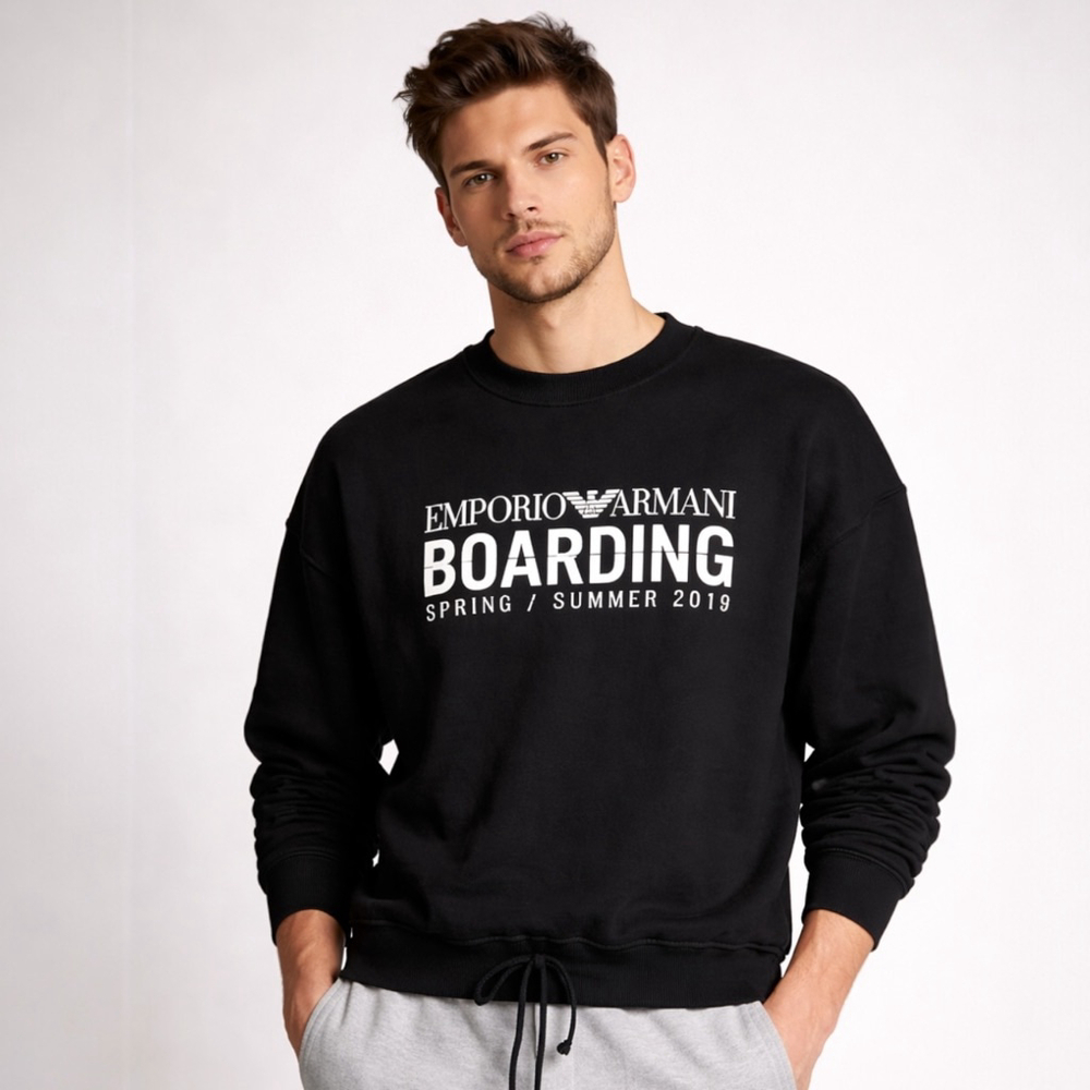 NWT Emporio Armani Men’s Boarding SS19 Black Logo Designer Crewneck Sweatshirt X